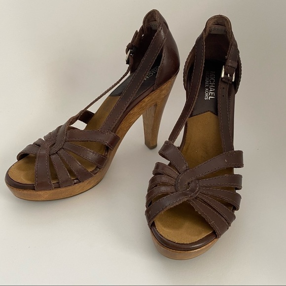 MICHAEL Michael Kors Brown Leather Wood Heels - Picture 1 of 10
